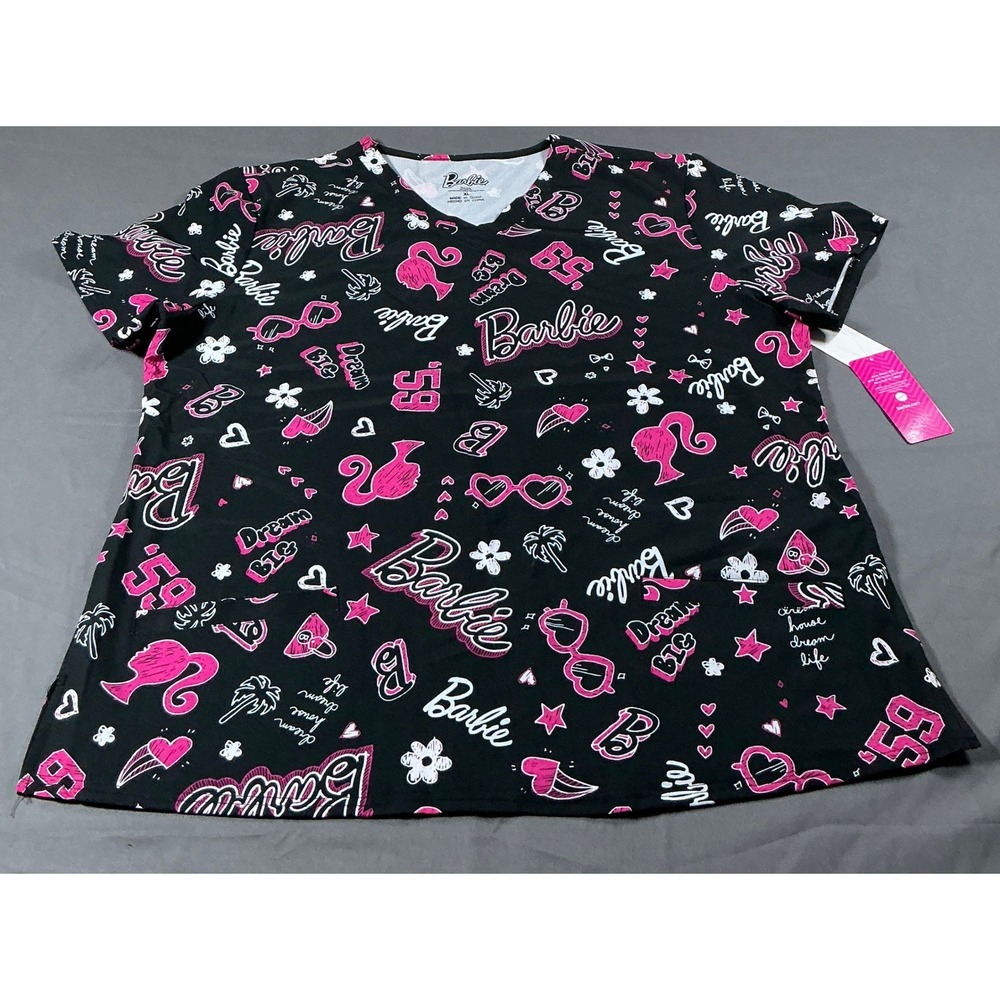 Barbie Women Black Pink Dream Big V-Neck Scrub Top Medical Uniform XL